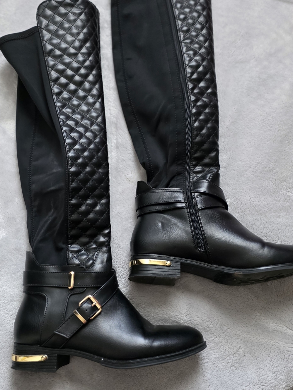 Women's Black Quilted Over-The-Knee Riding Boots with Gold Detail